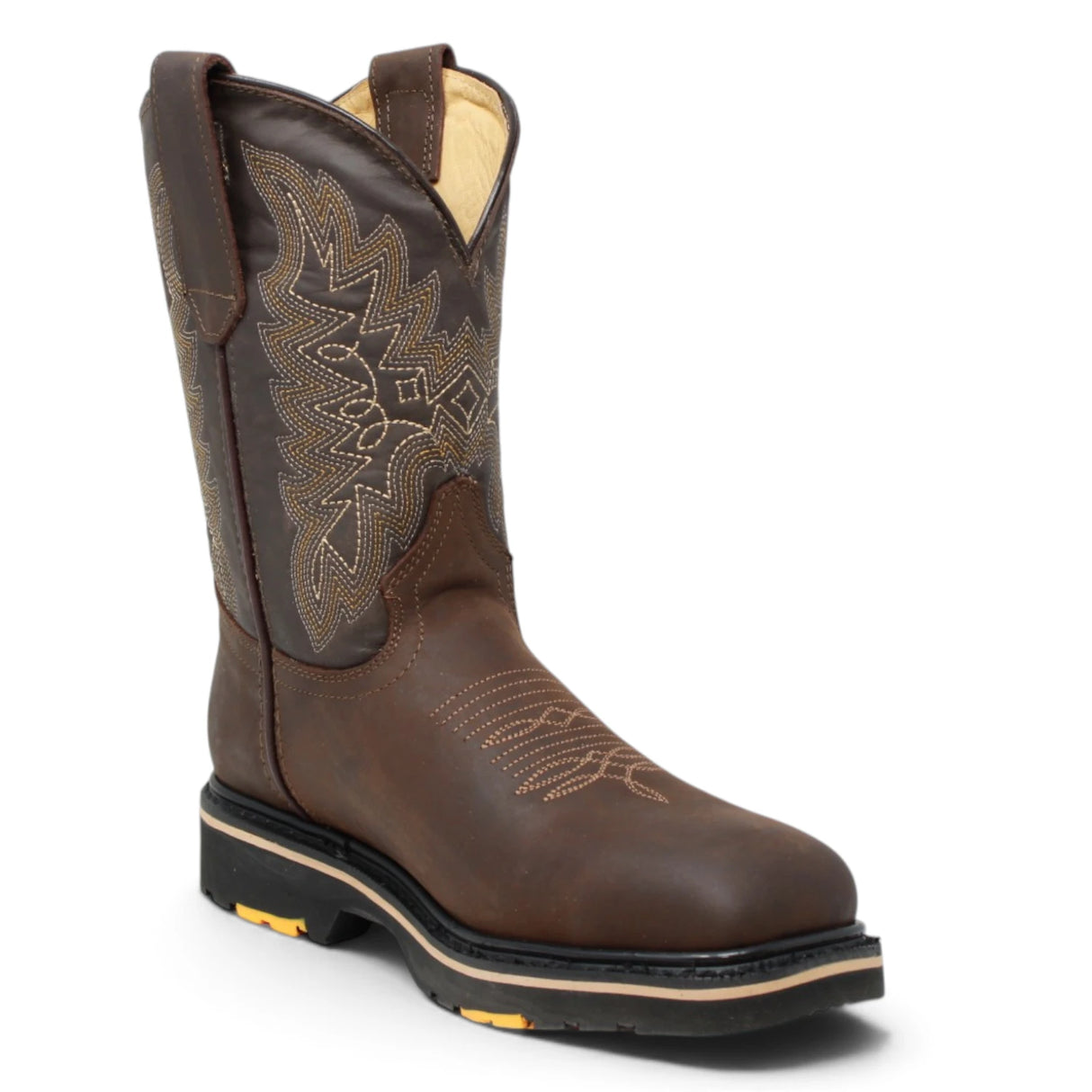 Bota de trabajo para hombre en piel color chocolate con punta cuadrada, bordado western y suela de doble densidad resistente. Steel toe