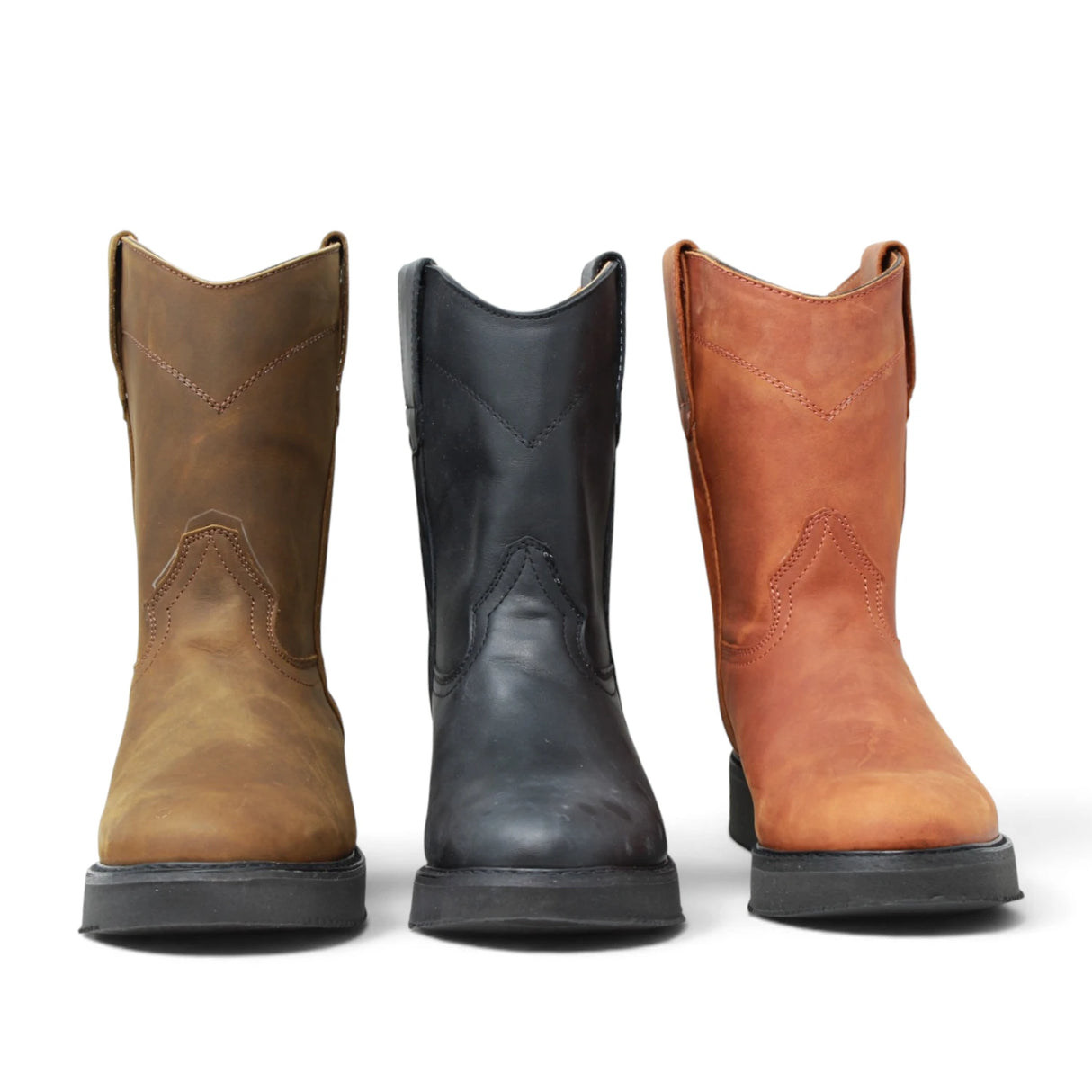 Bota de trabajo para hombre en 3 color negro shedron y tang con punta redonda, caña media y suela de hule Mil Rayas resistente.