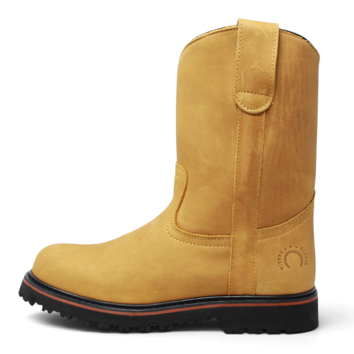 Bota de trabajo para hombre de piel con punta redonda y suela de hule Tractor de alta tracción, disponible en miel, lateral