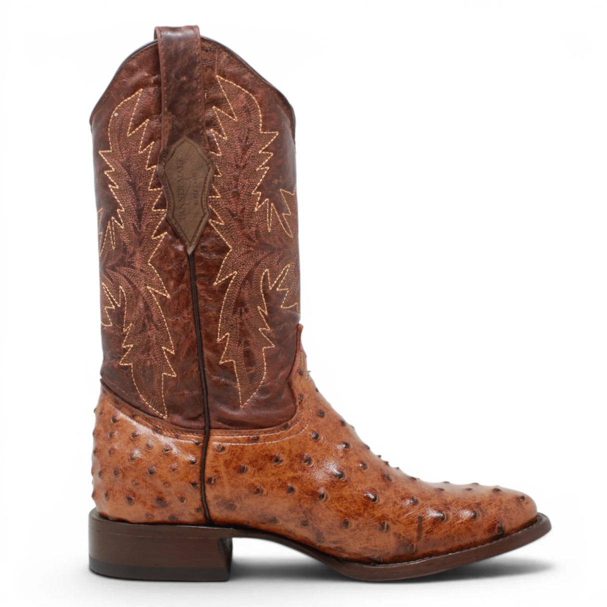 Men's Ostrich Print Round Toe Boots in Rustic Cognac - Tanner Mark Boots