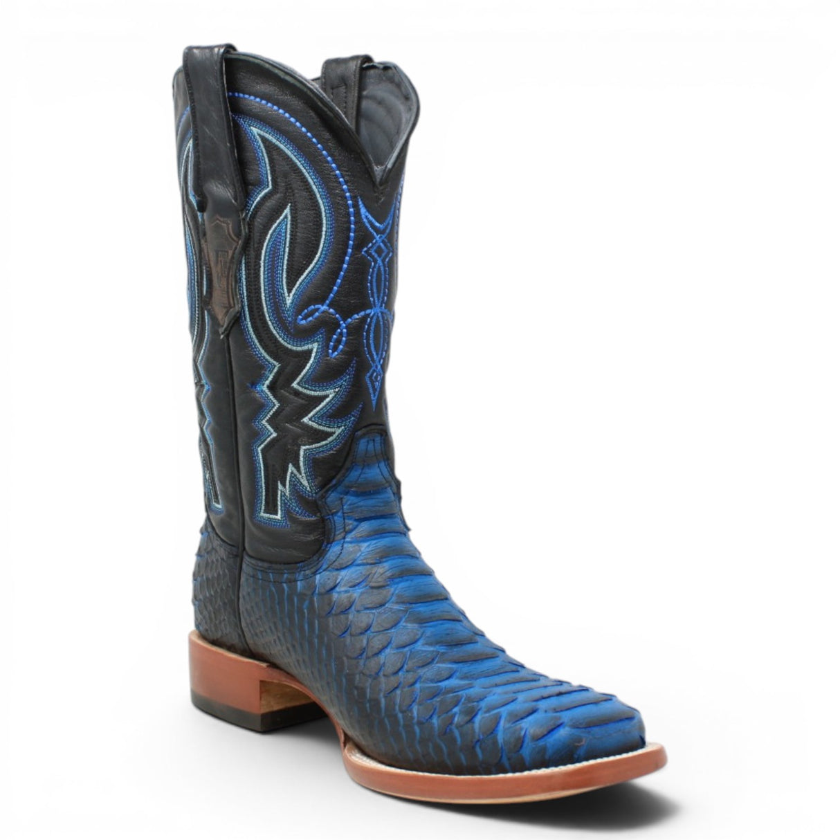 Men's Python Print Square Toe Boots in Black and Blue - Tanner Mark Boots