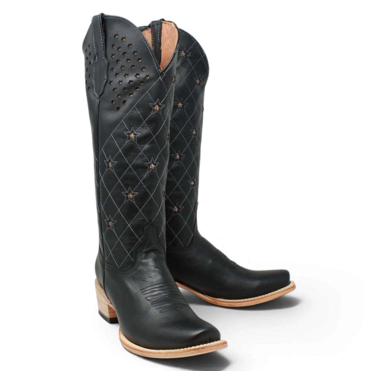Women's Leather with Diamond Stitch & Star Inlay Square Toe Boots in Black - Tanner Mark Boots