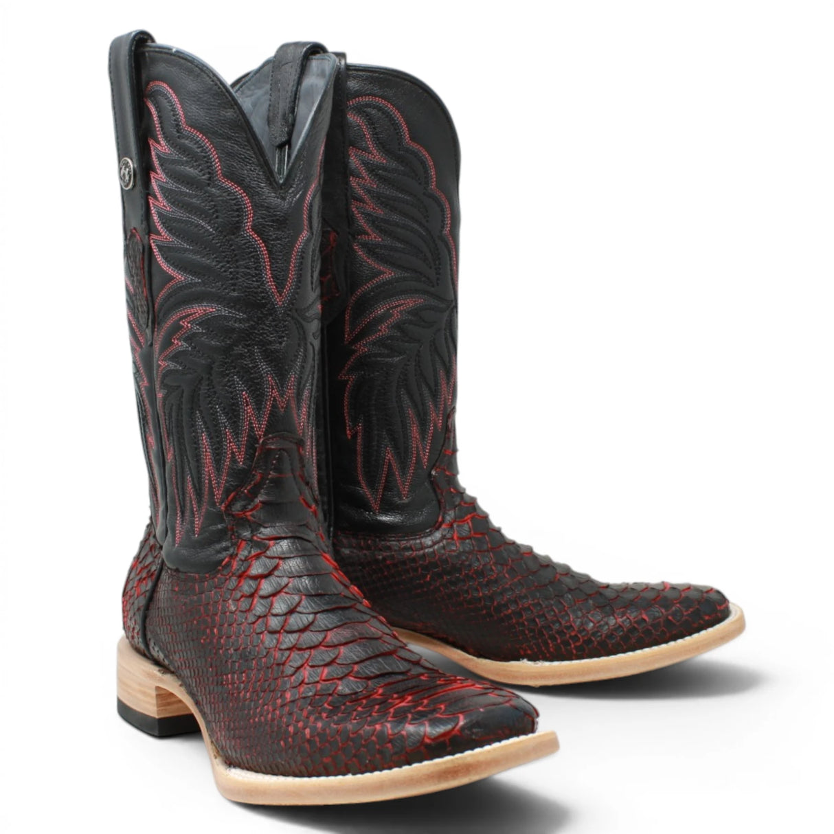 Men's Genuine Python Square Toe Boots in Red with Black - Tanner Mark Boots