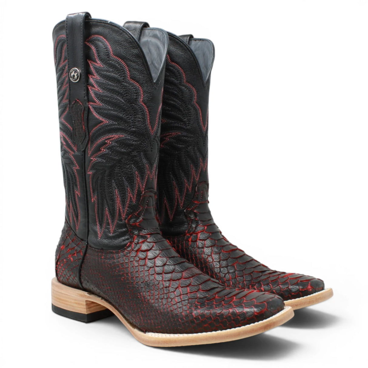 Men's Genuine Python Square Toe Boots in Red with Black - Tanner Mark Boots