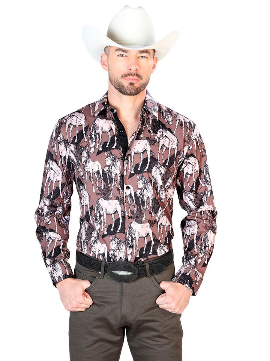 Black And Beige Horse Print Long Sleeve Shirt 43699 - Diana Zapateria Inc