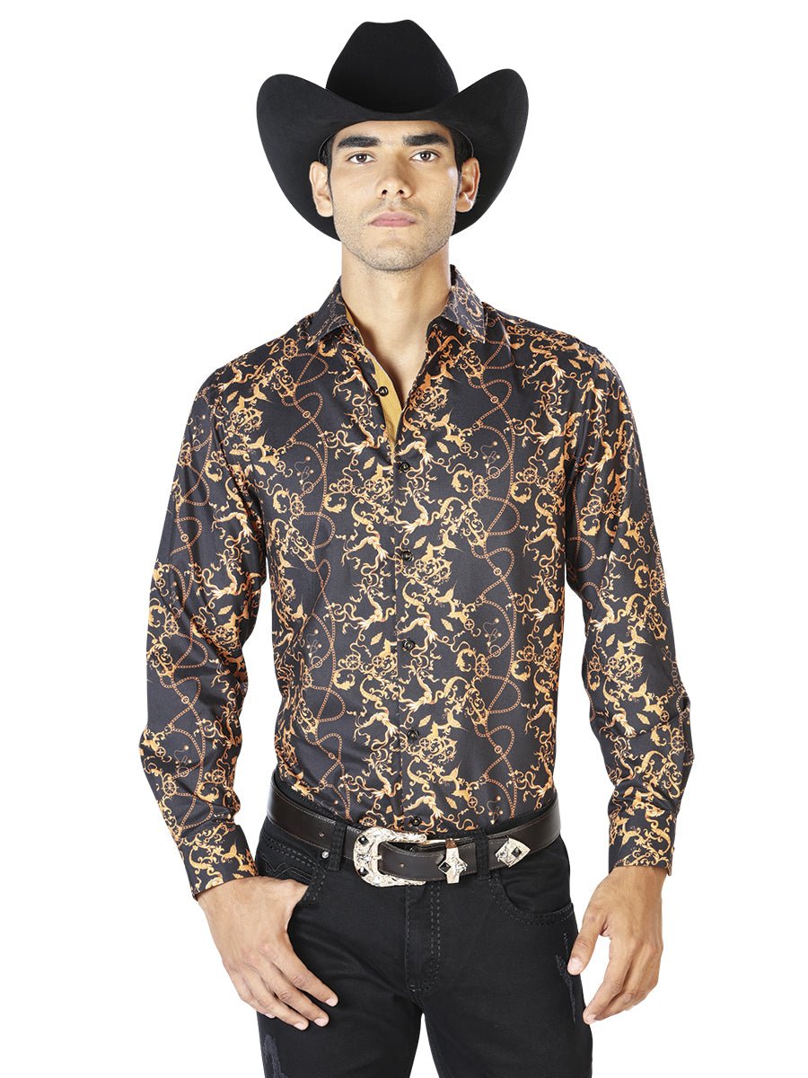Black And Gold Casual Long Sleeve Shirt 43561 - Diana Zapateria Inc