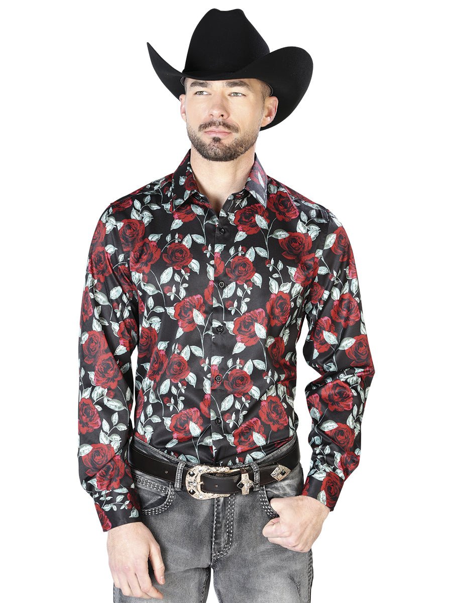 Black With Red Roses Casual Long Sleeve Shirt 43667 - Diana Zapateria Inc