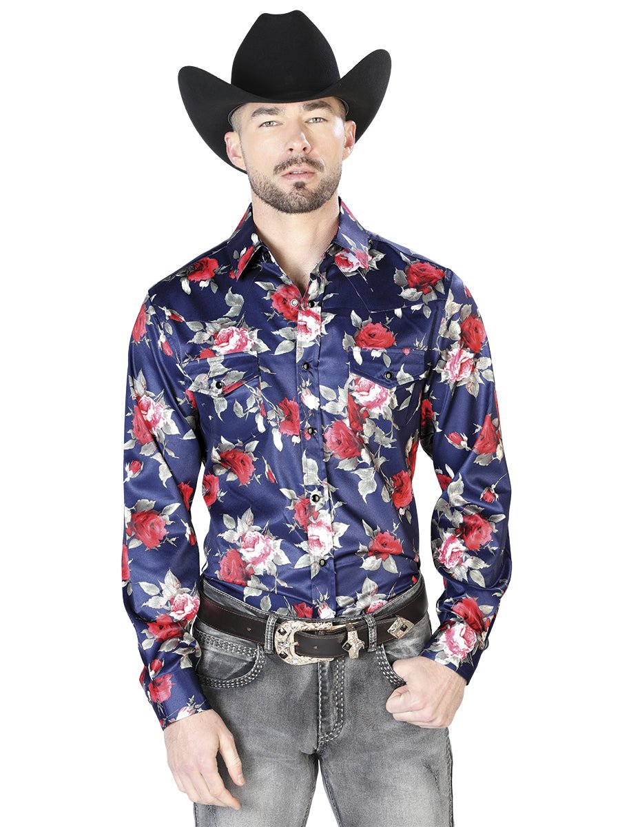 Blue Flower Print Casual Long Sleeve Shirt 43937 - Diana Zapateria Inc