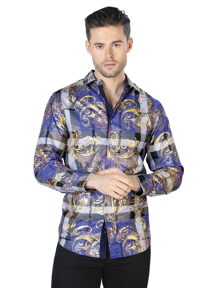 Blue Gold Print Casual Long Sleeve Shirt 44023 - Diana Zapateria Inc