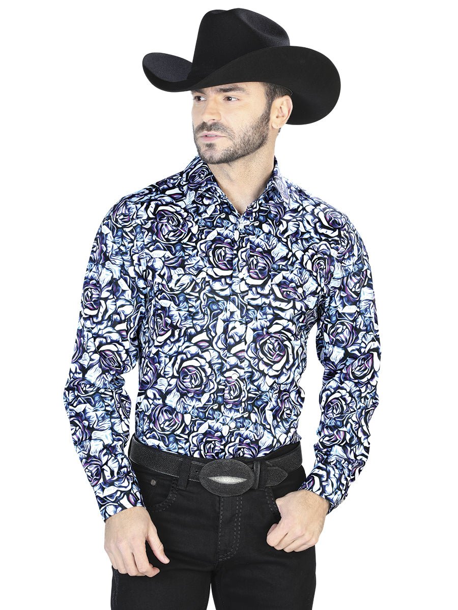 Blue Rose Print Casual Long Sleeve Shirt 44069 - Diana Zapateria Inc