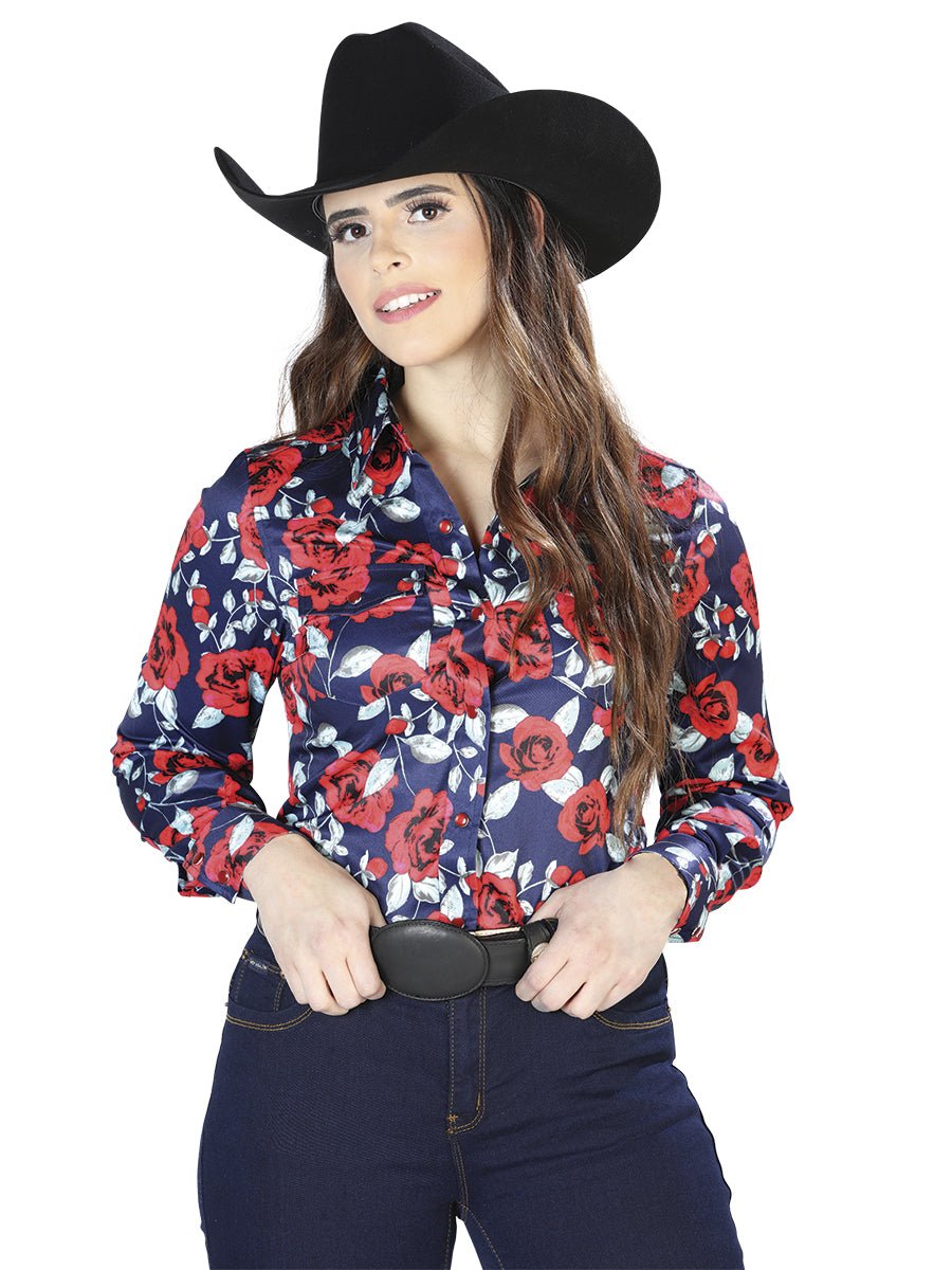 Blue Rose Print Long Sleeve Shirt 44112 - Diana Zapateria Inc