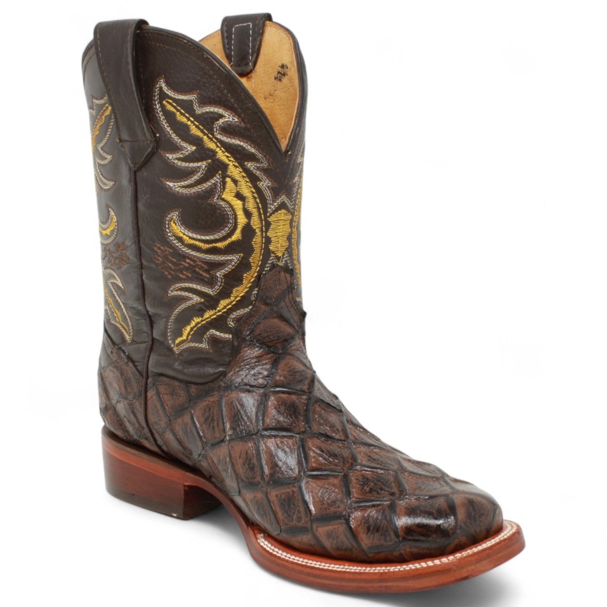 Bota de Hombre Cuadrada de Pirarucu Grabadado Color Cafe - La Sierra - La Carreta