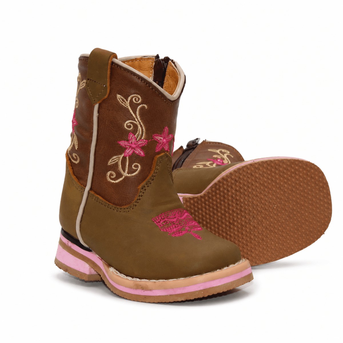 Bota Vaquera para Bebe Niña Punta Cuadrada de Piel Genuina Color Cafe con Bordado Floral – Hooch Boots H511 - Hooch Boots