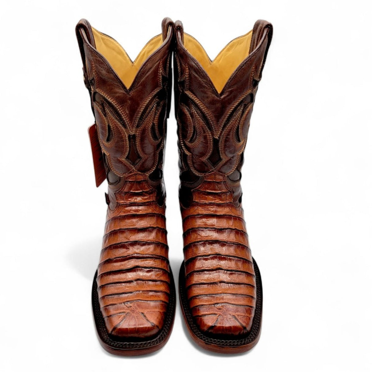 Caiman Belly Leather Engraved Boots with Wide Square Toe in Cognac Color – Hooch Boots - Pair Top View