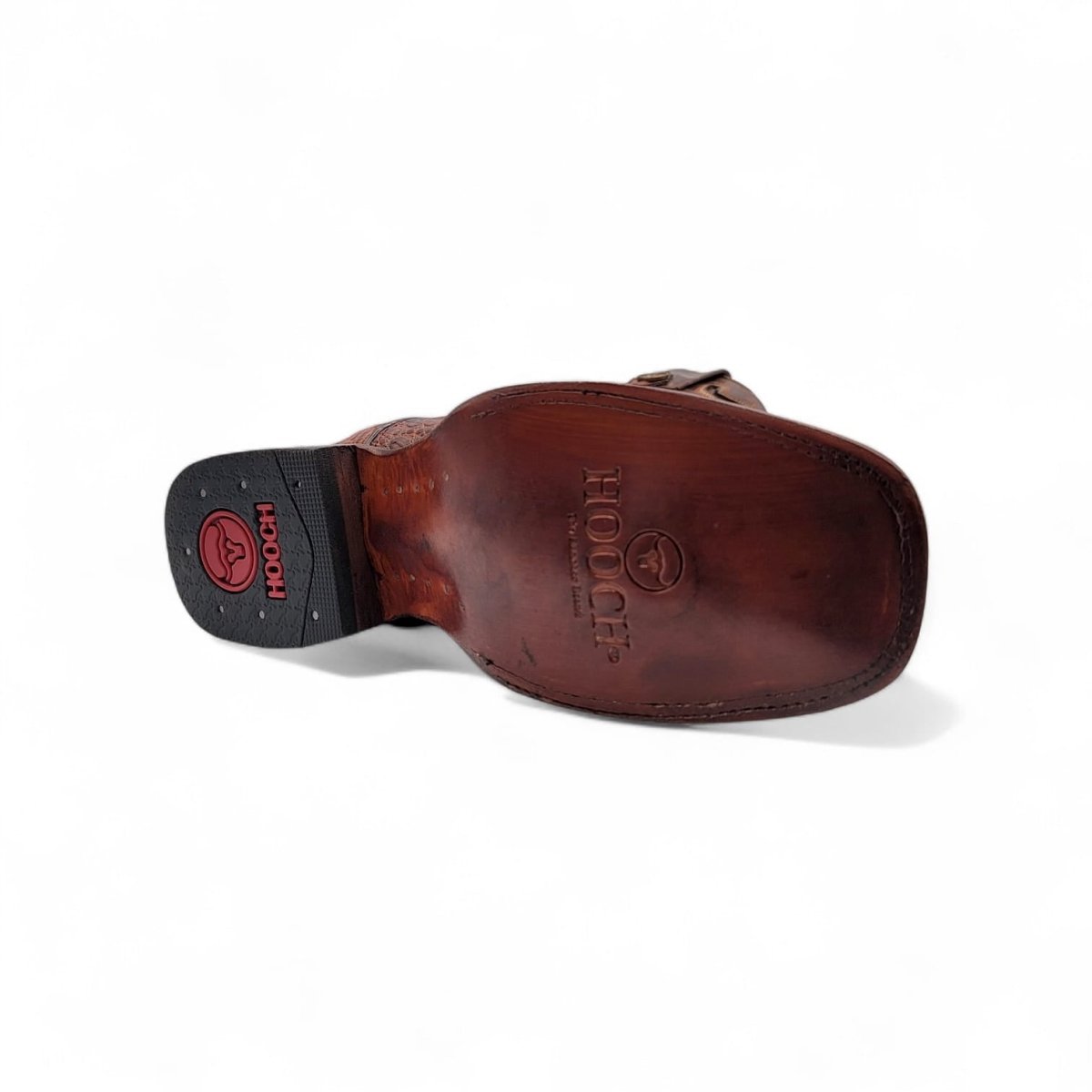 Caiman Belly Leather Engraved Boots with Wide Square Toe in Cognac Color – Hooch Boots - Sole View