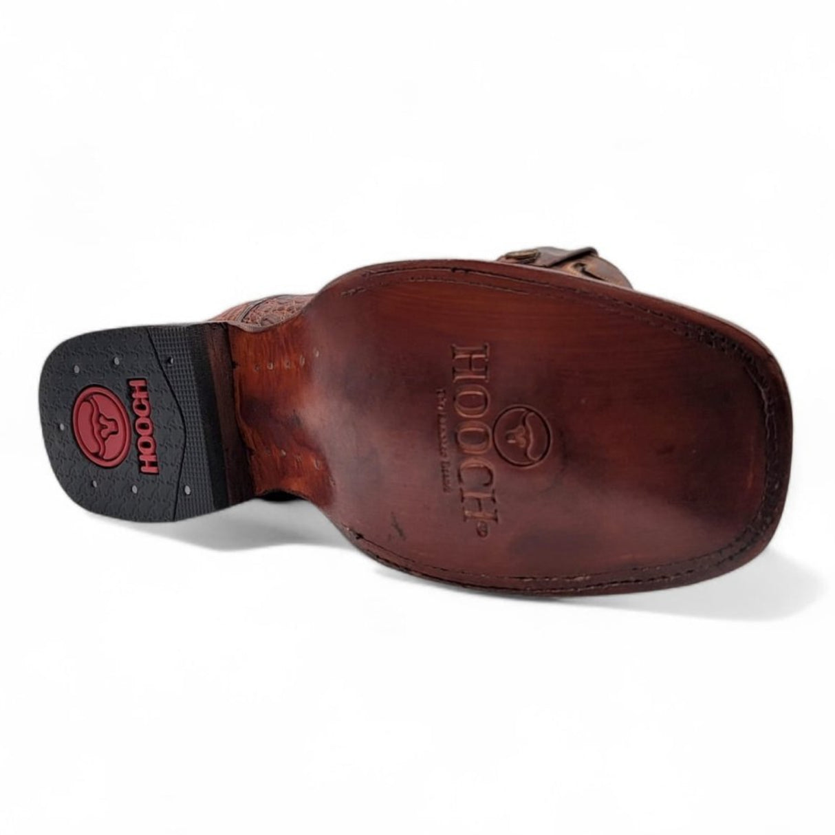 Caiman Belly Leather Engraved Boots with Wide Square Toe in Cognac Color – Hooch Boots - Sole View