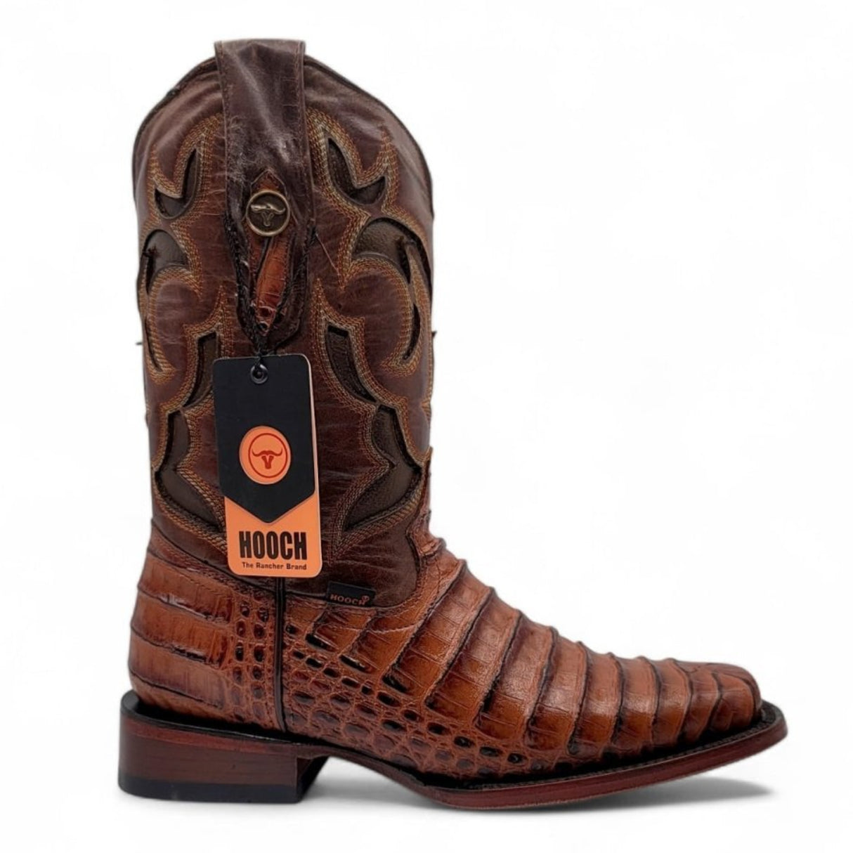 Caiman Belly Leather Engraved Boots with Wide Square Toe in Cognac Color – Hooch Boots - Right Side View
