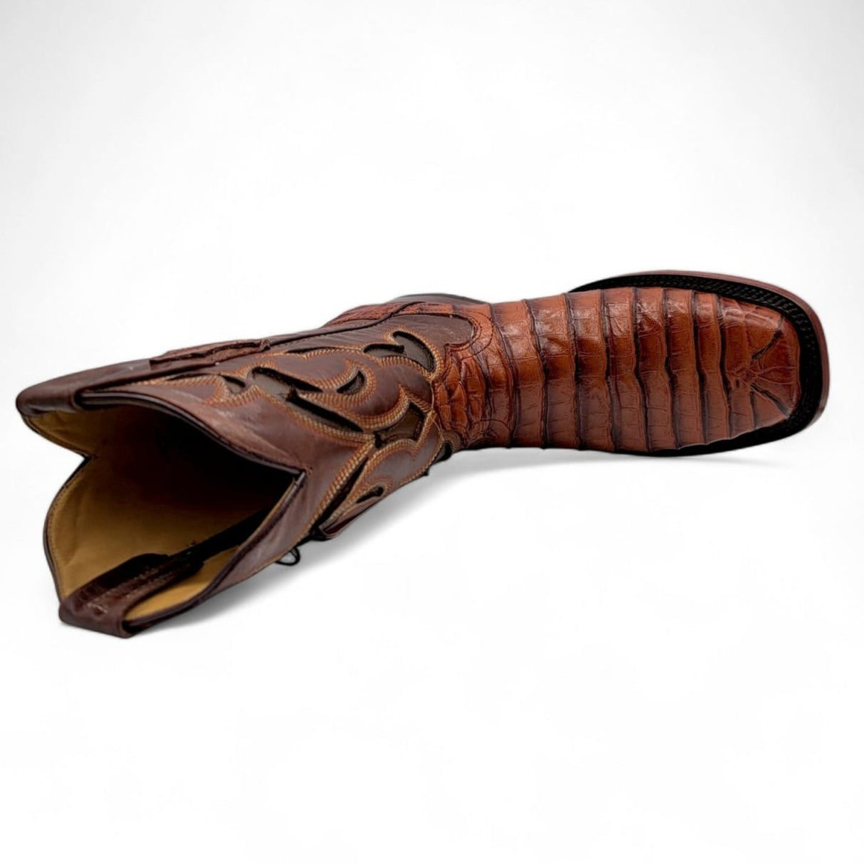 Caiman Belly Leather Engraved Boots with Wide Square Toe in Cognac Color – Hooch Boots - Top View