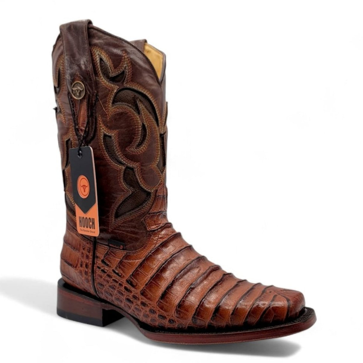 Caiman Belly Leather Engraved Boots with Wide Square Toe in Cognac Color – Hooch Boots - Side View