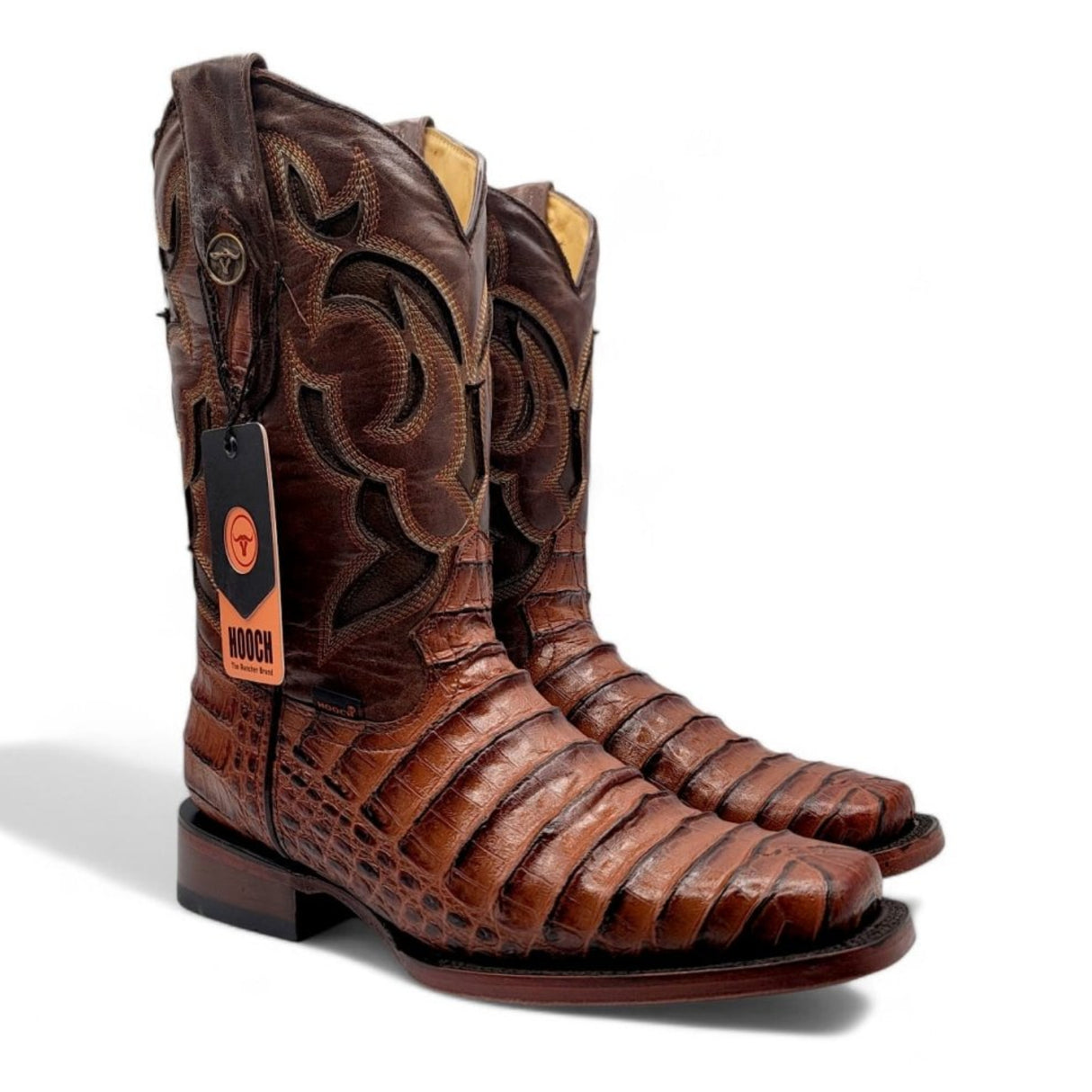 Caiman Belly Leather Engraved Boots with Wide Square Toe in Cognac Color – Hooch Boots - Pair Side View