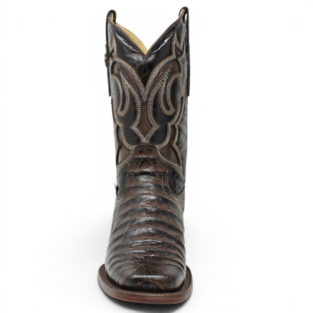 Bota Vaquera para Hombre Punta Rodeo Grabado Tipo Caiman Belly Color Chocolate de Piel Genuina – Hooch Boots H519473 - Hooch