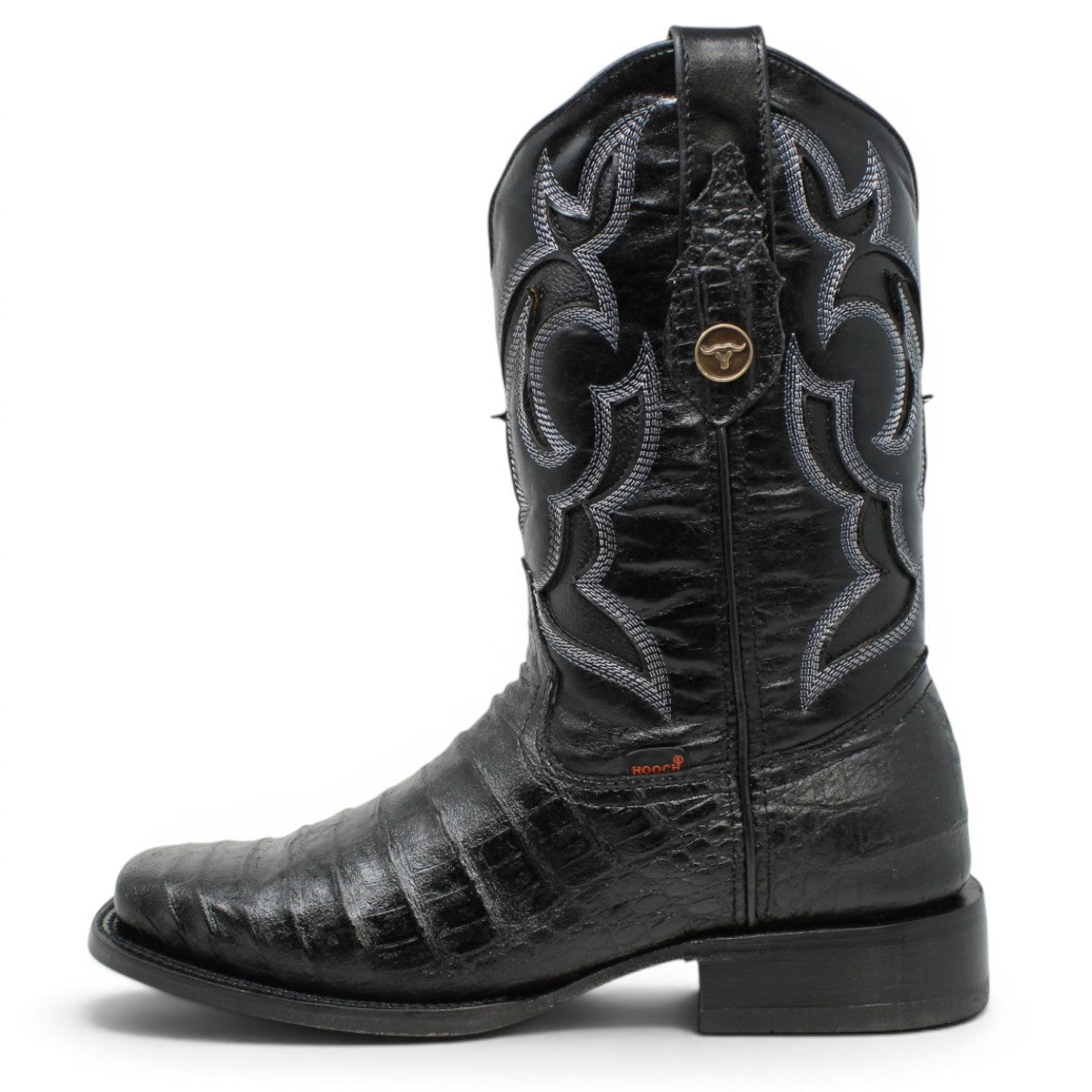 Bota Vaquera para Hombre Punta Rodeo Grabado Tipo Caiman Belly Color Negro de Piel Genuina – Hooch Boots H510573 - Hooch