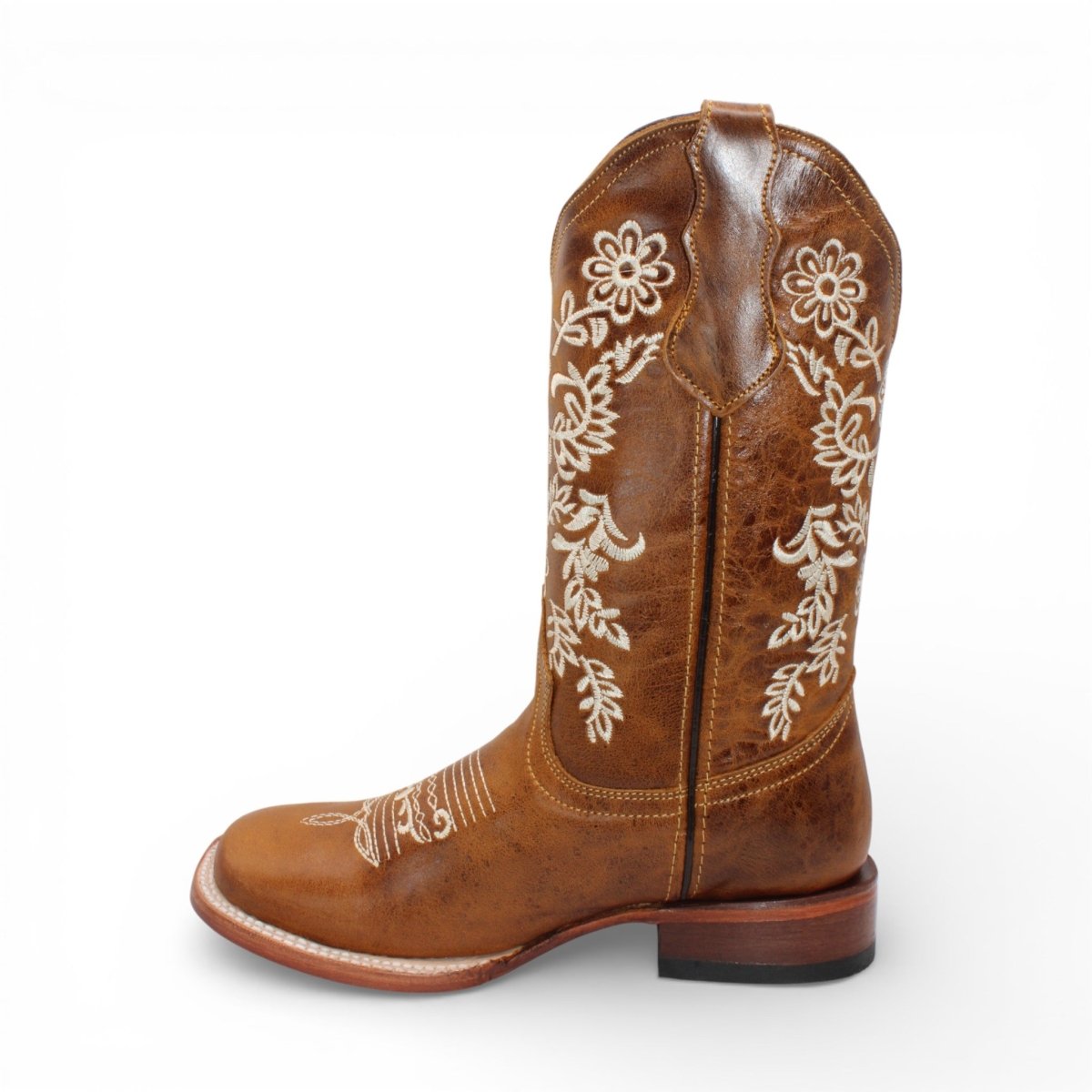 Bota Vaquera para Mujer de Piel Crazy Color Honey con Bordado de Flores Blancas y Punta Cuadrada – Hooch Boots H227251 - Hooch