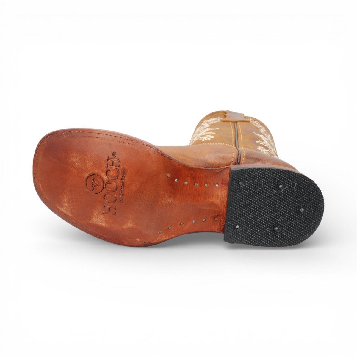 Bota Vaquera para Mujer de Piel Crazy Color Honey con Bordado de Flores Blancas y Punta Cuadrada – Hooch Boots H227251 - Hooch