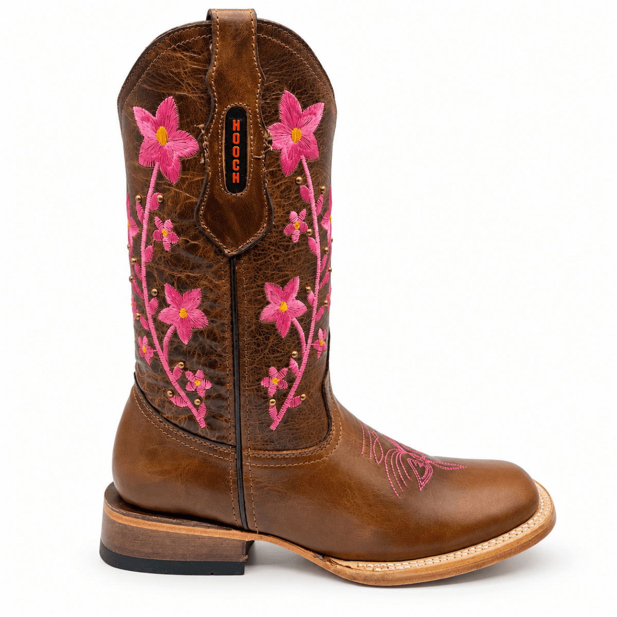 Bota Vaquera para Mujer Punta Cuadrada de Piel Genuina Color Cafe con Bordado Floral Rosa – Hooch Boots H227251R - Hooch Boots