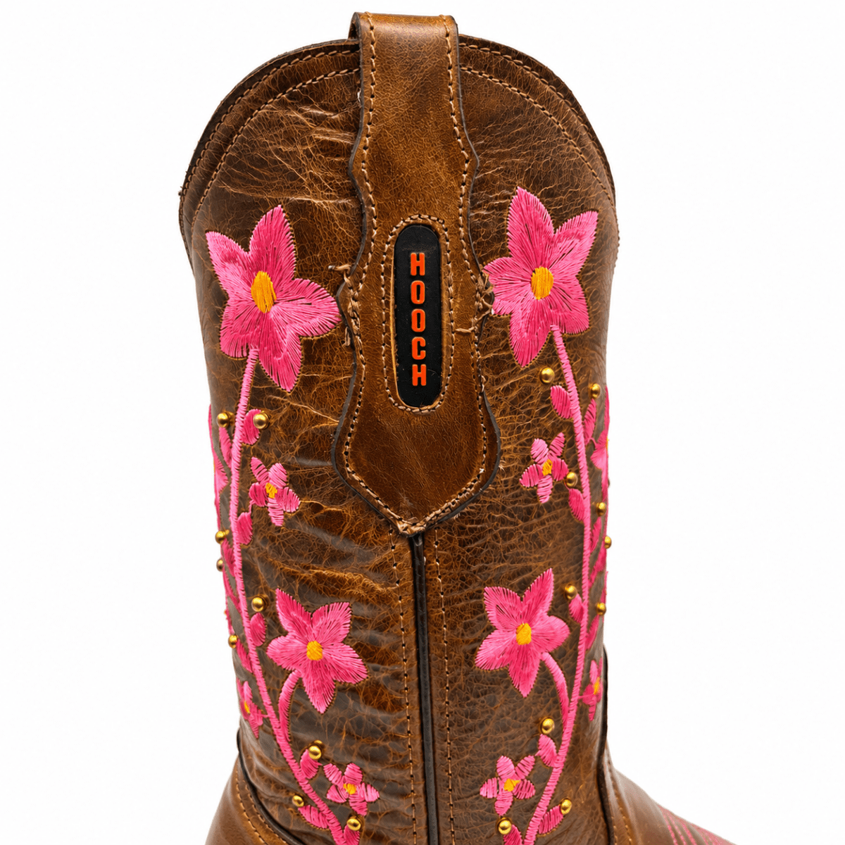Bota Vaquera para Mujer Punta Cuadrada de Piel Genuina Color Cafe con Bordado Floral Rosa – Hooch Boots H227251R - Hooch Boots