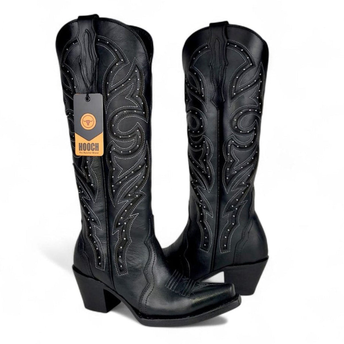 Bota Vaquera para Mujer Punta Snip Alta "Luna Black" de Piel Genuina con Tubo 16” y Tacon Western de 2.5” – Hooch Boots H26T9505 - Hooch