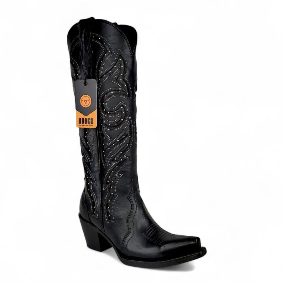 Bota Vaquera para Mujer Punta Snip Alta "Luna Black" de Piel Genuina con Tubo 16” y Tacon Western de 2.5” – Hooch Boots H26T9505 - Hooch