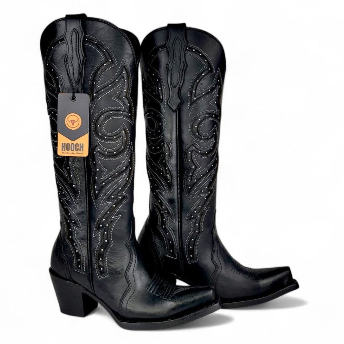 Bota Vaquera para Mujer Punta Snip Alta "Luna Black" de Piel Genuina con Tubo 16” y Tacon Western de 2.5” – Hooch Boots H26T9505 - Hooch