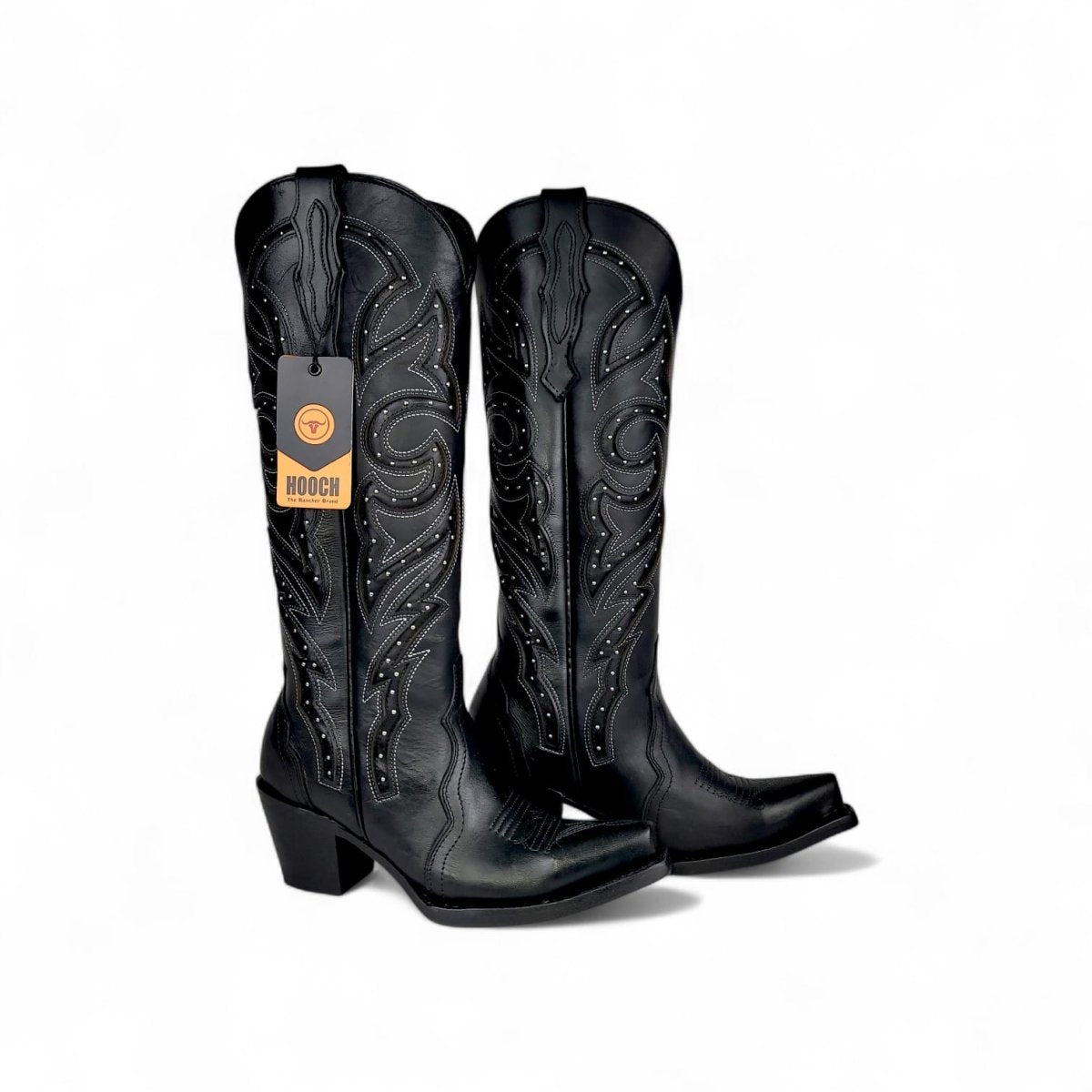 Bota Vaquera para Mujer Punta Snip Alta "Luna Black" de Piel Genuina con Tubo 16” y Tacon Western de 2.5” – Hooch Boots H26T9505 - Hooch