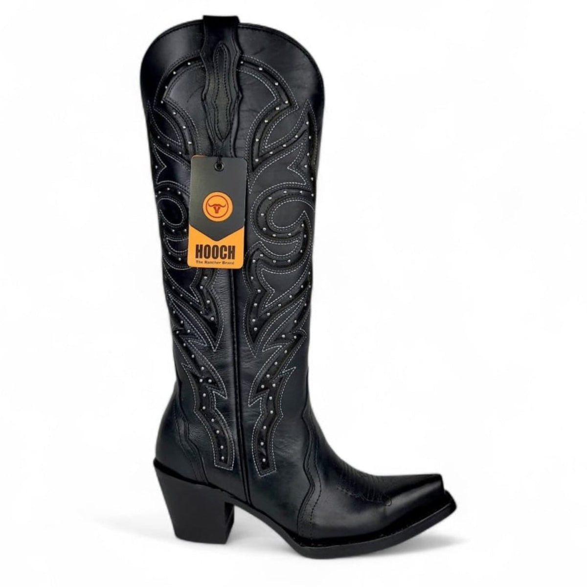 Bota Vaquera para Mujer Punta Snip Alta "Luna Black" de Piel Genuina con Tubo 16” y Tacon Western de 2.5” – Hooch Boots H26T9505 - Hooch