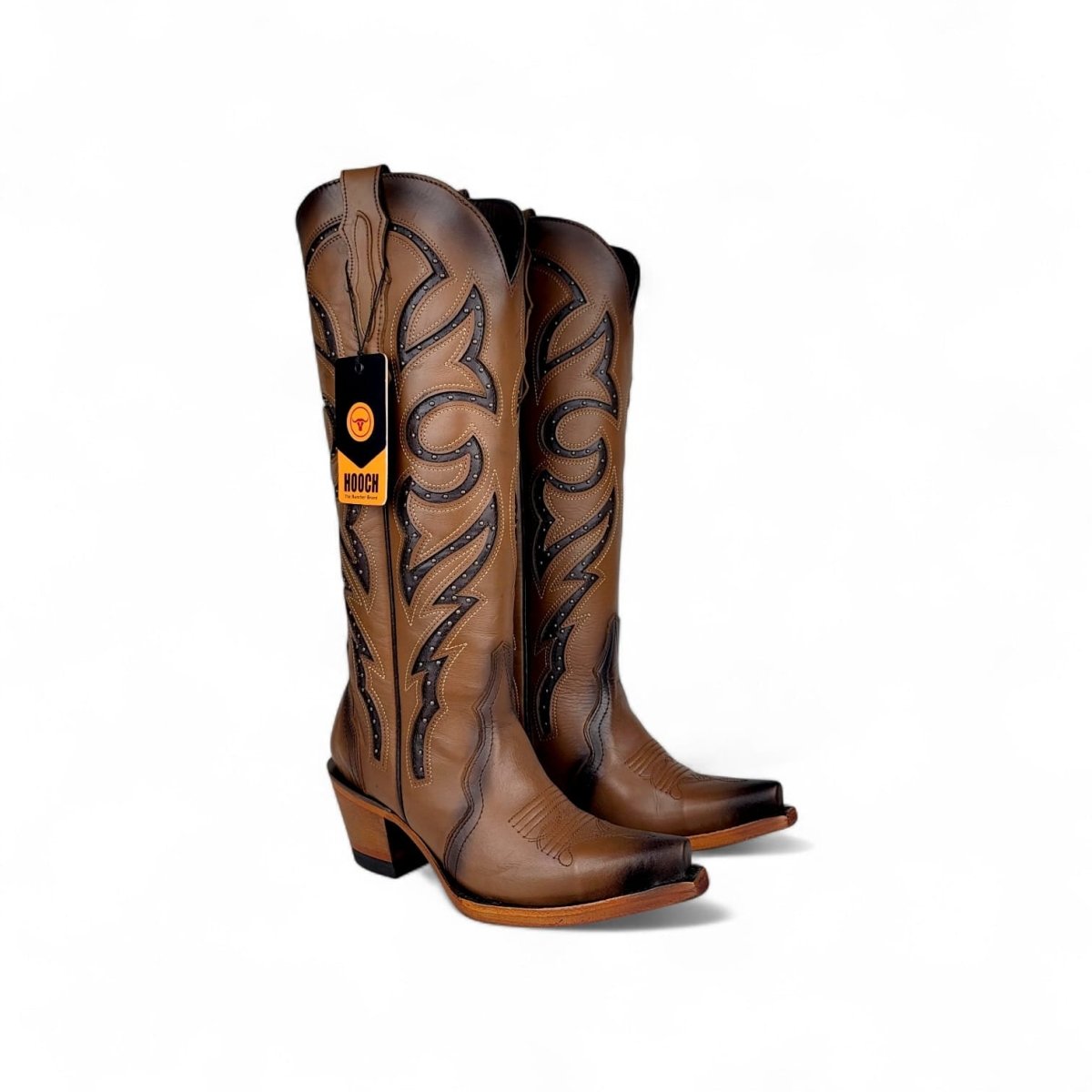 Bota Vaquera para Mujer Punta Snip Alta "Luna Honey" de Piel Genuina con Tubo 16” y Tacon Western de 2.5” – Hooch Boots H26T9551 - Hooch