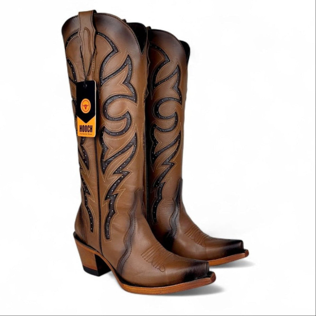 Bota Vaquera para Mujer Punta Snip Alta "Luna Honey" de Piel Genuina con Tubo 16” y Tacon Western de 2.5” – Hooch Boots H26T9551 - Hooch