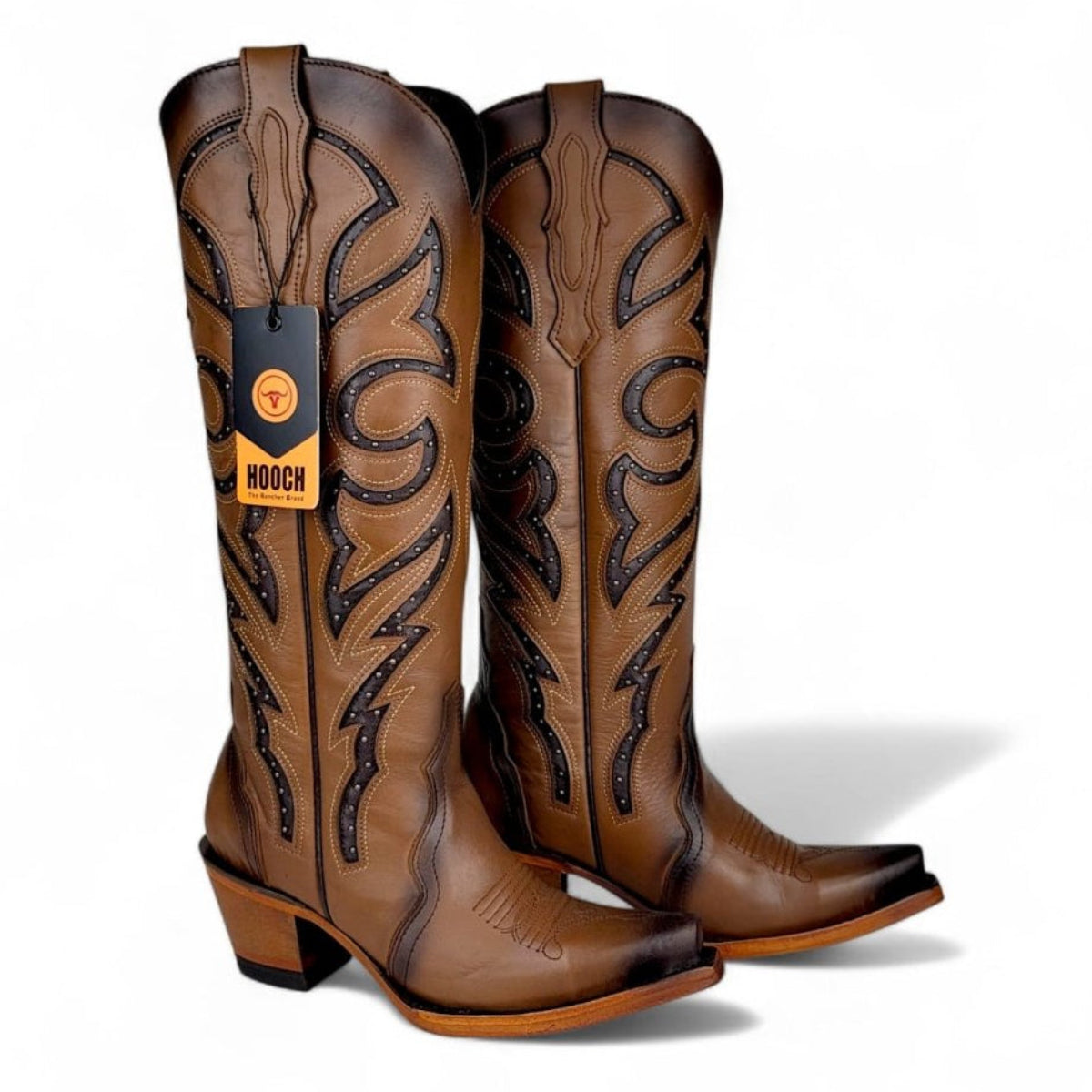 Bota Vaquera para Mujer Punta Snip Alta "Luna Honey" de Piel Genuina con Tubo 16” y Tacon Western de 2.5” – Hooch Boots H26T9551 - Hooch