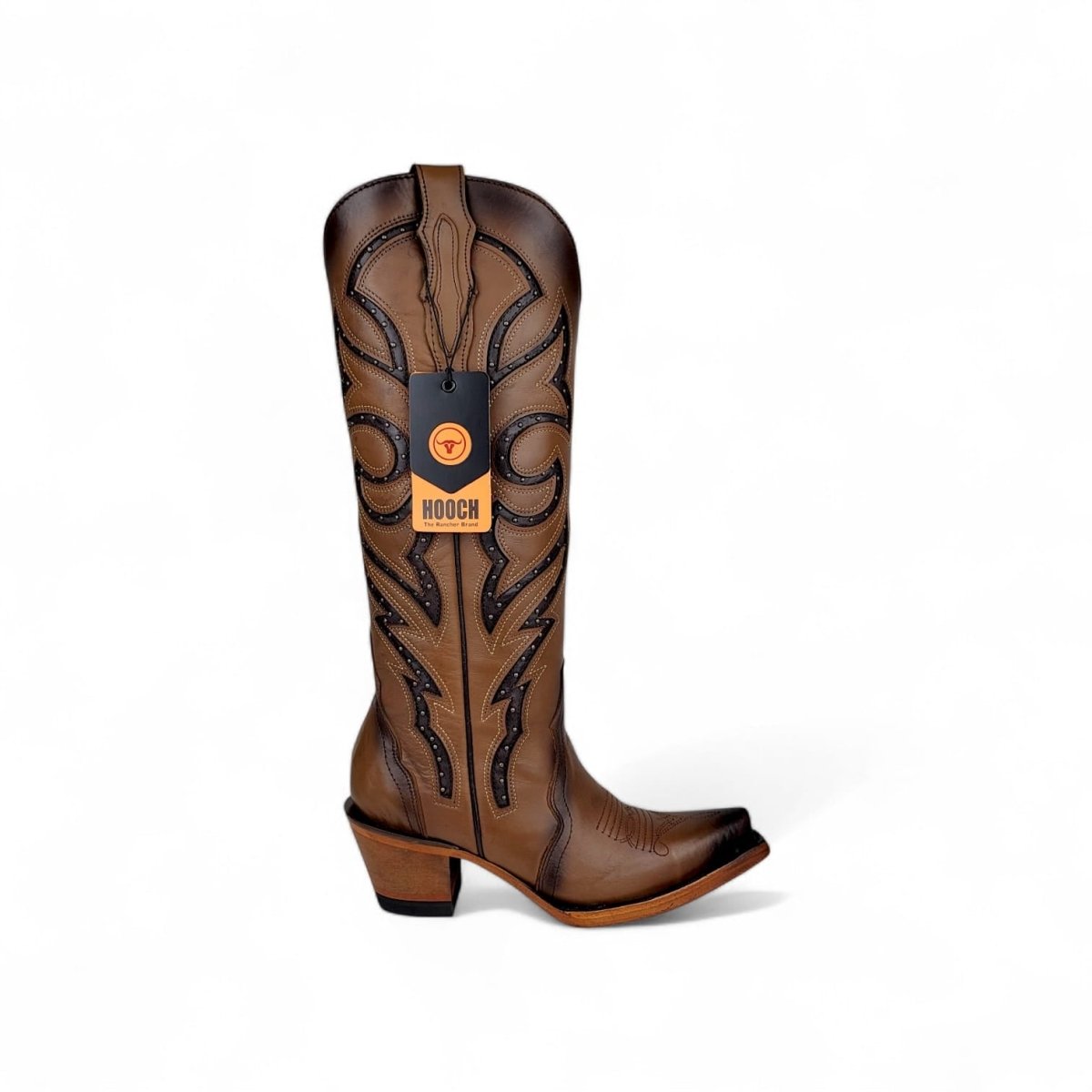 Bota Vaquera para Mujer Punta Snip Alta "Luna Honey" de Piel Genuina con Tubo 16” y Tacon Western de 2.5” – Hooch Boots H26T9551 - Hooch