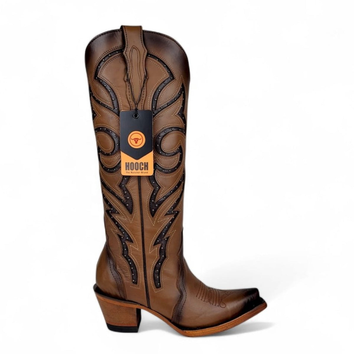 Bota Vaquera para Mujer Punta Snip Alta "Luna Honey" de Piel Genuina con Tubo 16” y Tacon Western de 2.5” – Hooch Boots H26T9551 - Hooch