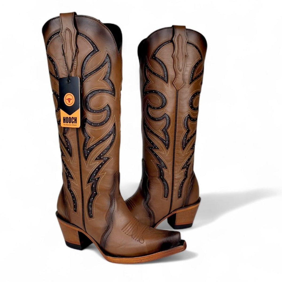 Bota Vaquera para Mujer Punta Snip Alta "Luna Honey" de Piel Genuina con Tubo 16” y Tacon Western de 2.5” – Hooch Boots H26T9551 - Hooch