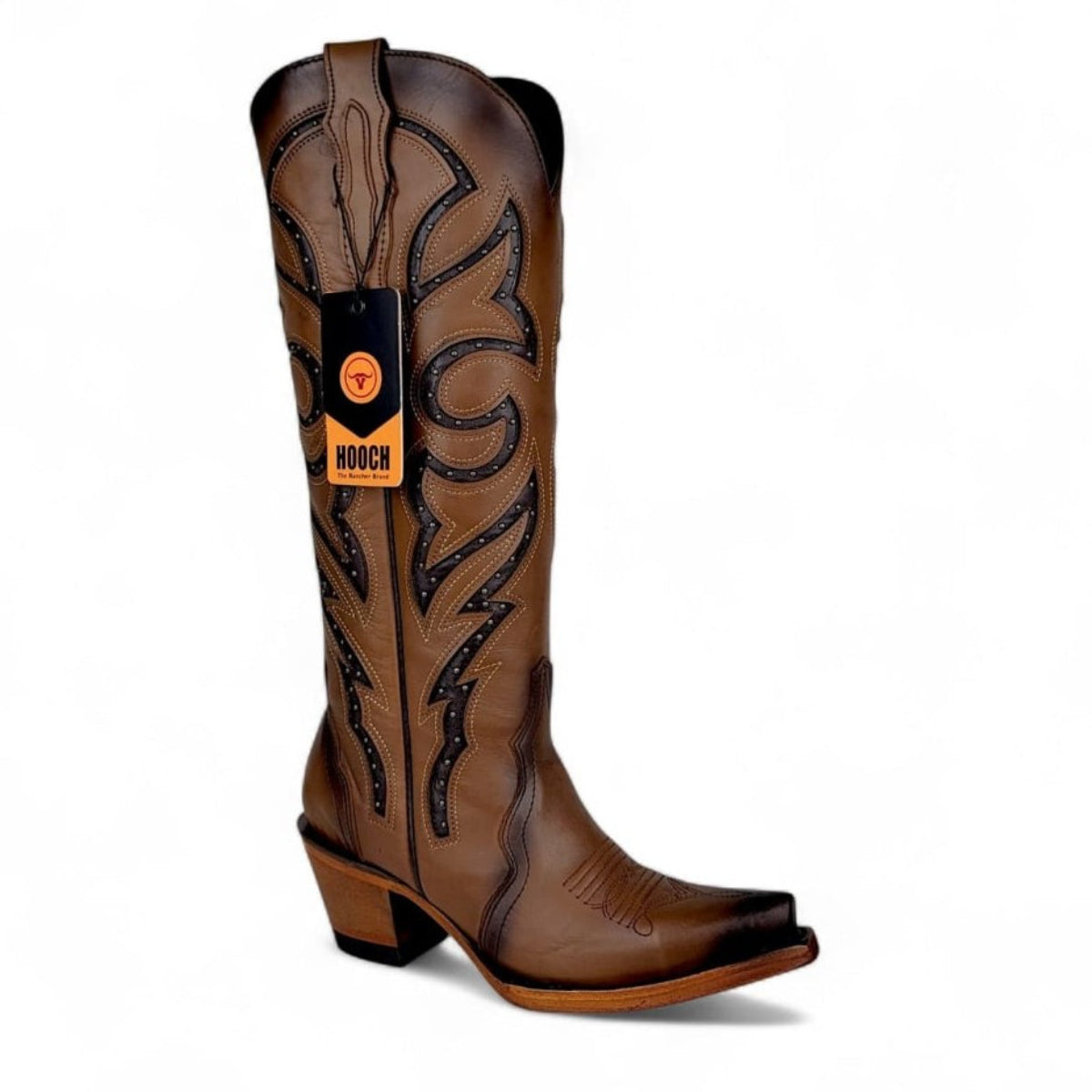 Bota Vaquera para Mujer Punta Snip Alta "Luna Honey" de Piel Genuina con Tubo 16” y Tacon Western de 2.5” – Hooch Boots H26T9551 - Hooch