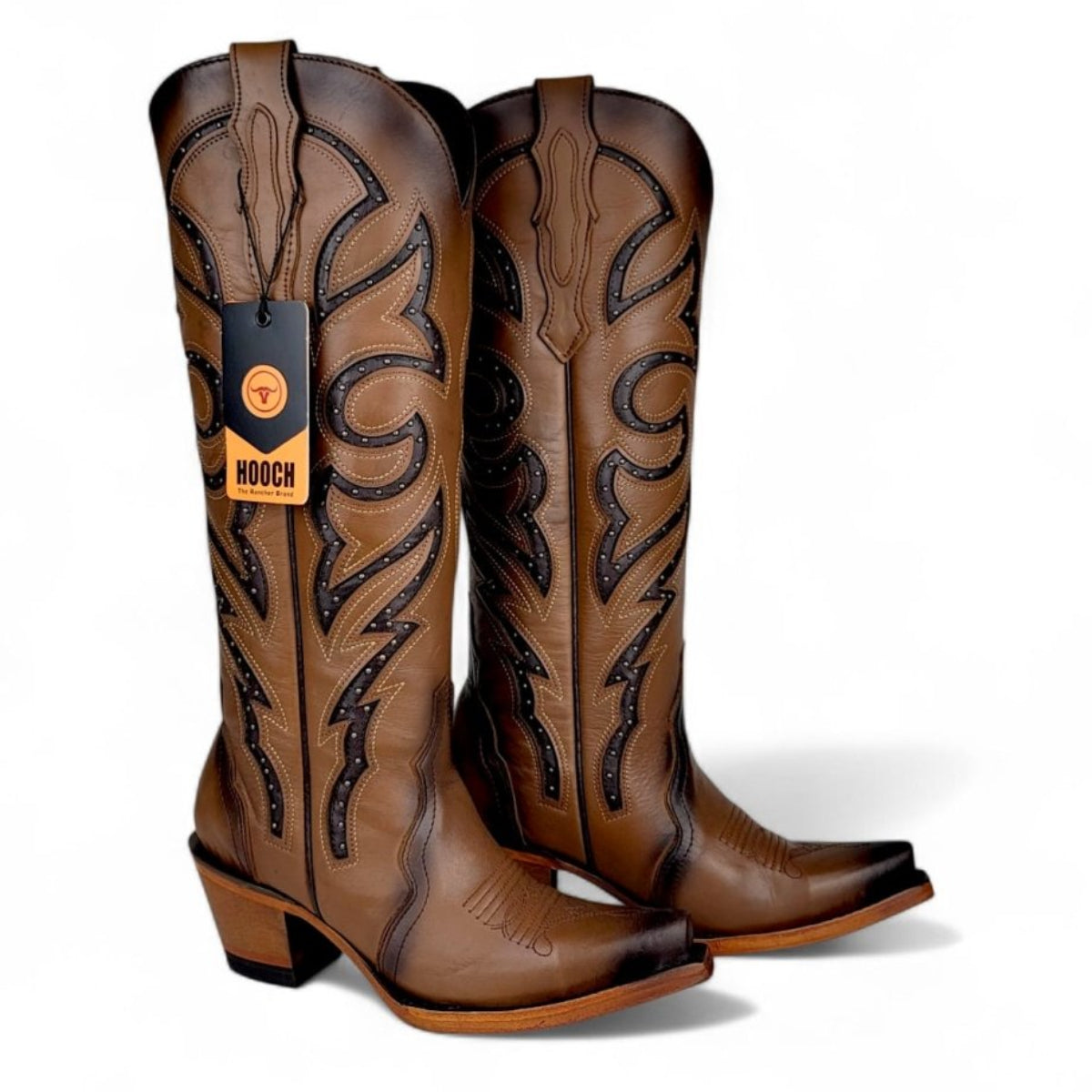 Bota Vaquera para Mujer Punta Snip Alta "Luna Honey" de Piel Genuina con Tubo 16” y Tacon Western de 2.5” – Hooch Boots H26T9551 - Hooch