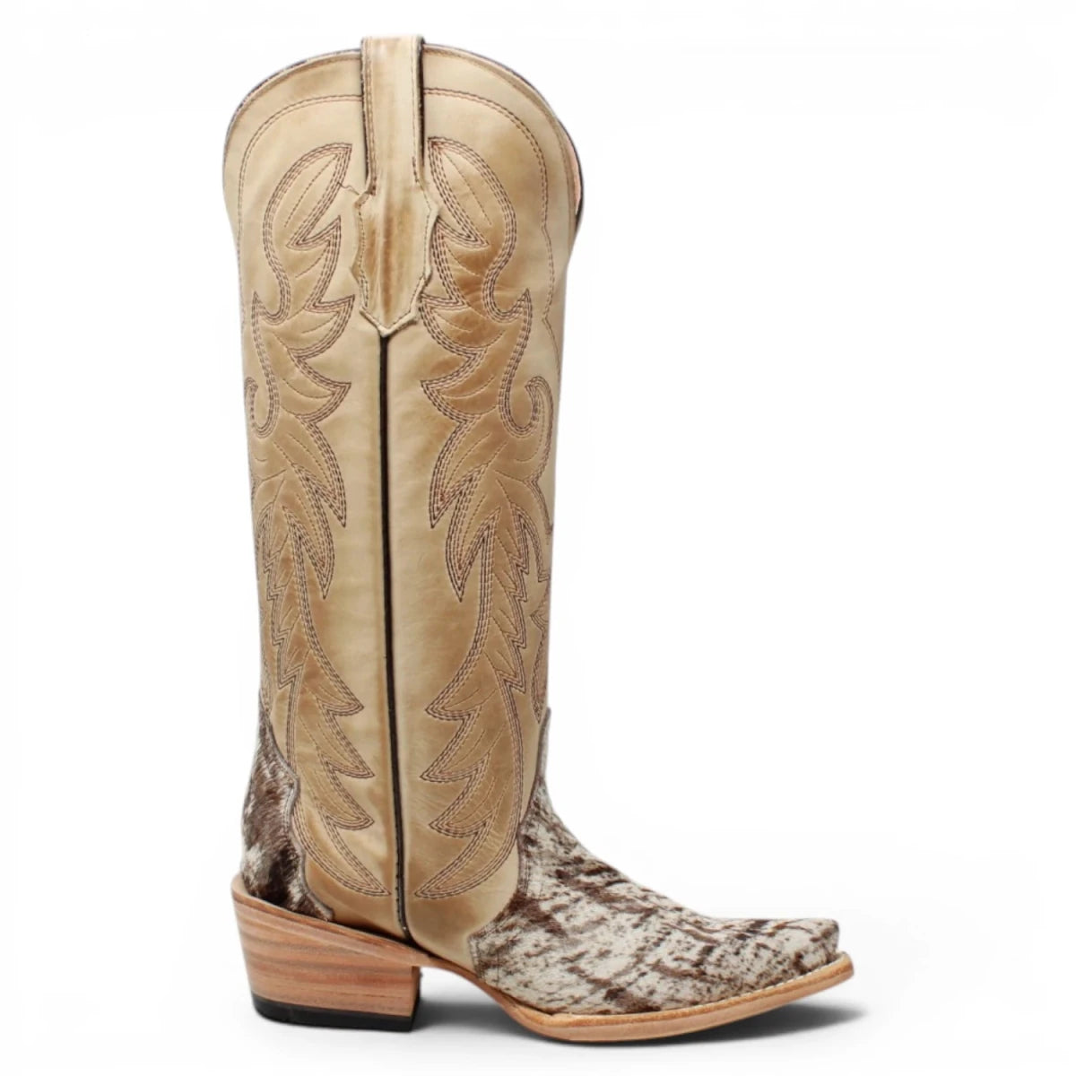 Botas Altas de Piel con Pelo de Vaca y Diseño Triad Picasso Punta Recortada Para Dama Color Arena - Tanner Mark Boots - Tanner Mark Boots