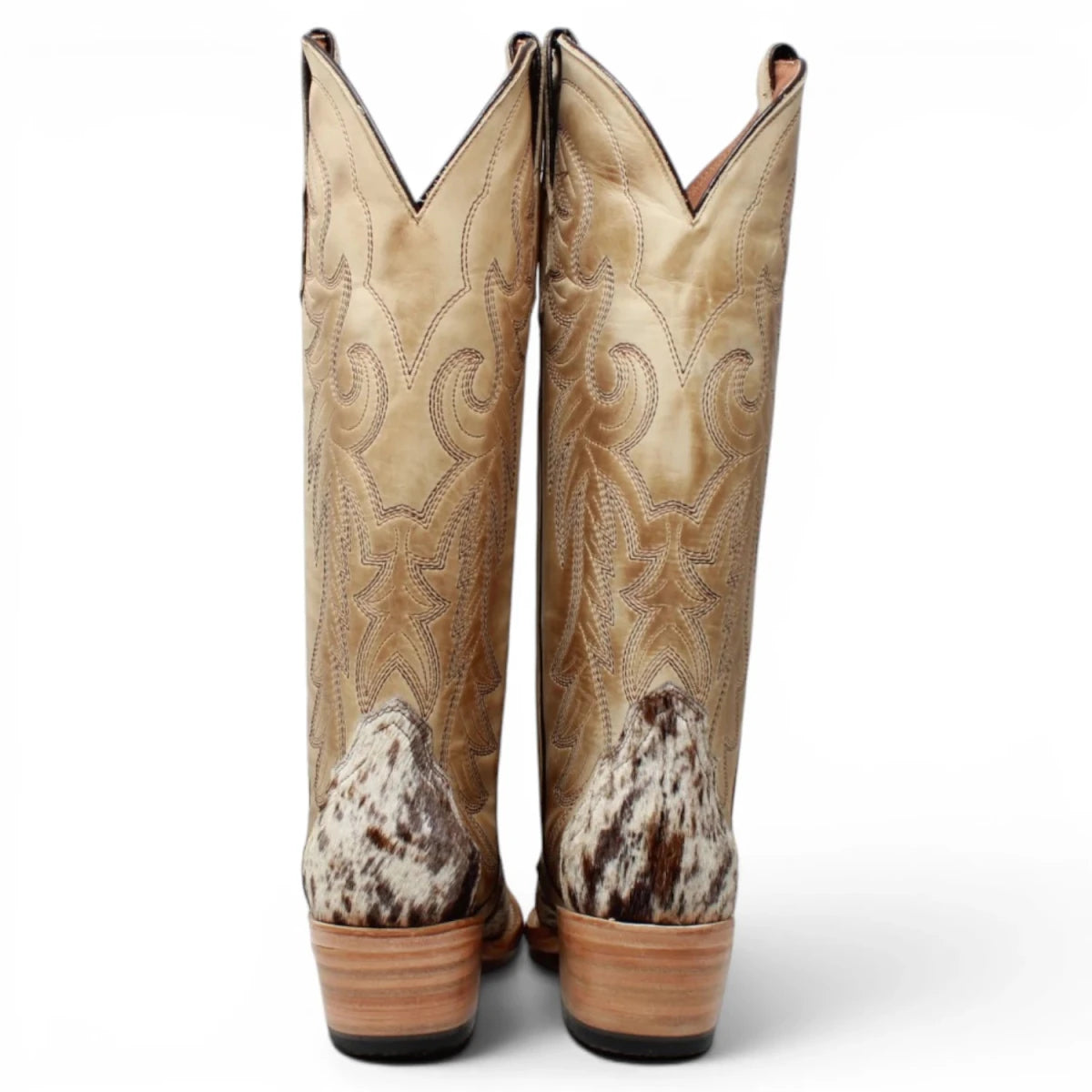 Botas Altas de Piel con Pelo de Vaca y Diseño Triad Picasso Punta Recortada Para Dama Color Arena - Tanner Mark Boots - Tanner Mark Boots