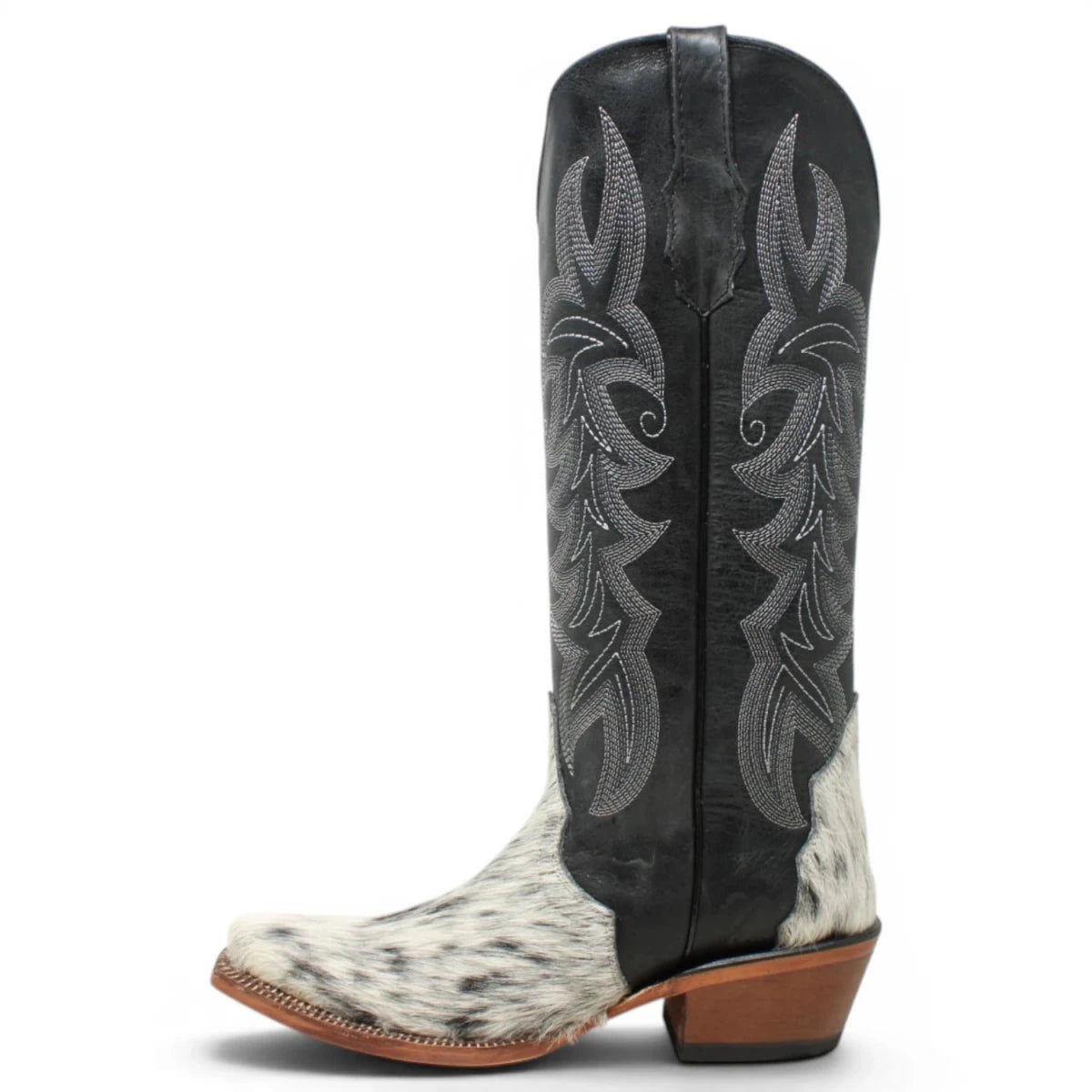 Botas Altas de Piel con Pelo de Vaca y Diseño Triad Punta Recortada Para Dama Color Blanco y Negro - Tanner Mark Boots - Tanner Mark Boots