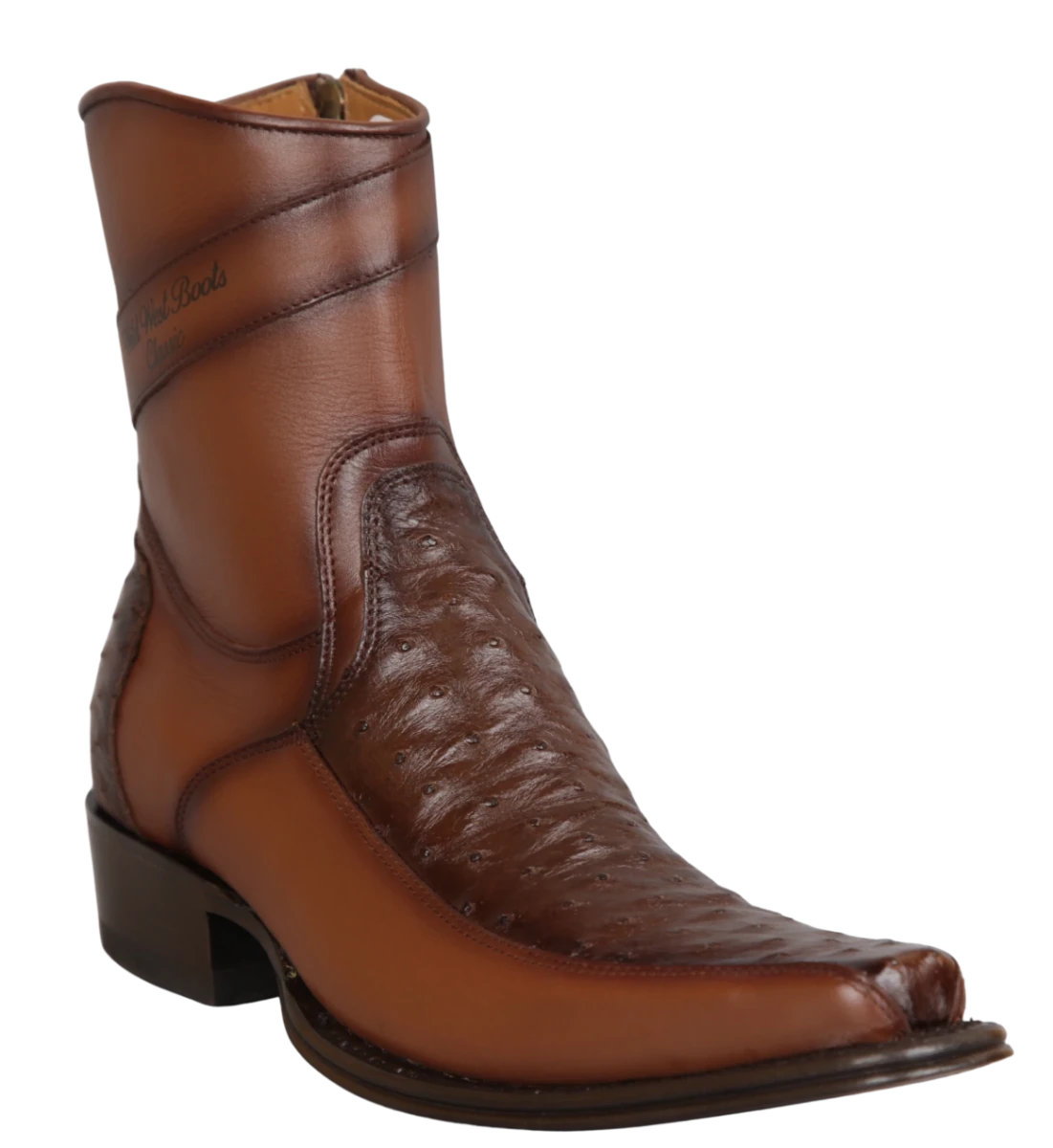 Botas Cortas de Avestruz y Piel Original Punta Cuadrada Europea Wild West Boots - Cafe Difuminado - Wild West Boots