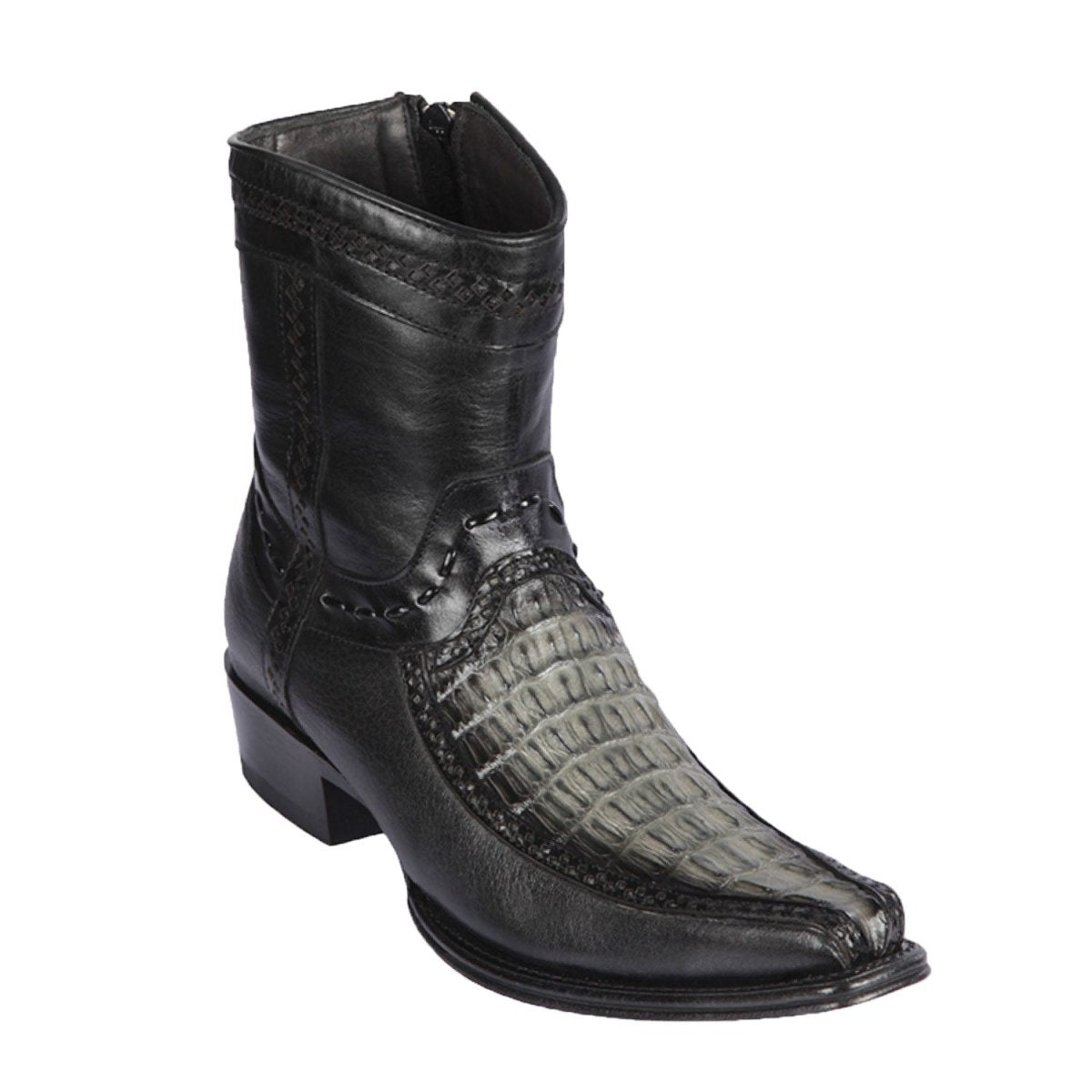 Botas Cortas de Cola de Caiman y Venado Original Punta Europea Color Gris Difuminado - Los Altos Boots - Los Altos Boots