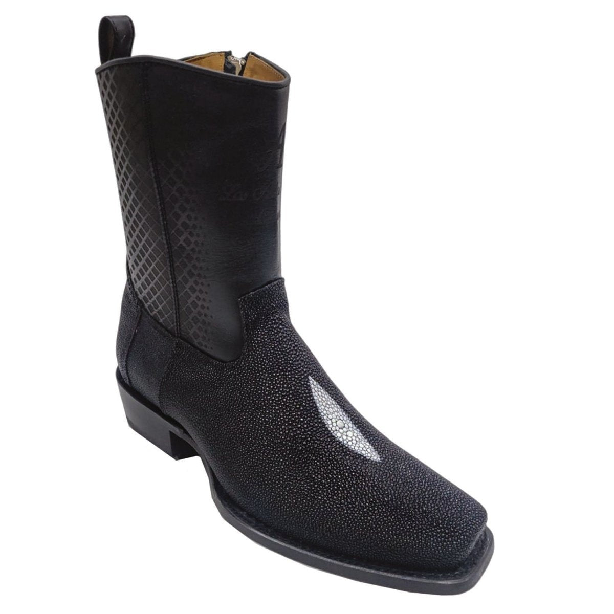 Botas Cortas de Mantarraya Original Perla Sencilla Punta 7X Cuadrada Ancha Color Negro - Los Altos Boots - Los Altos Boots