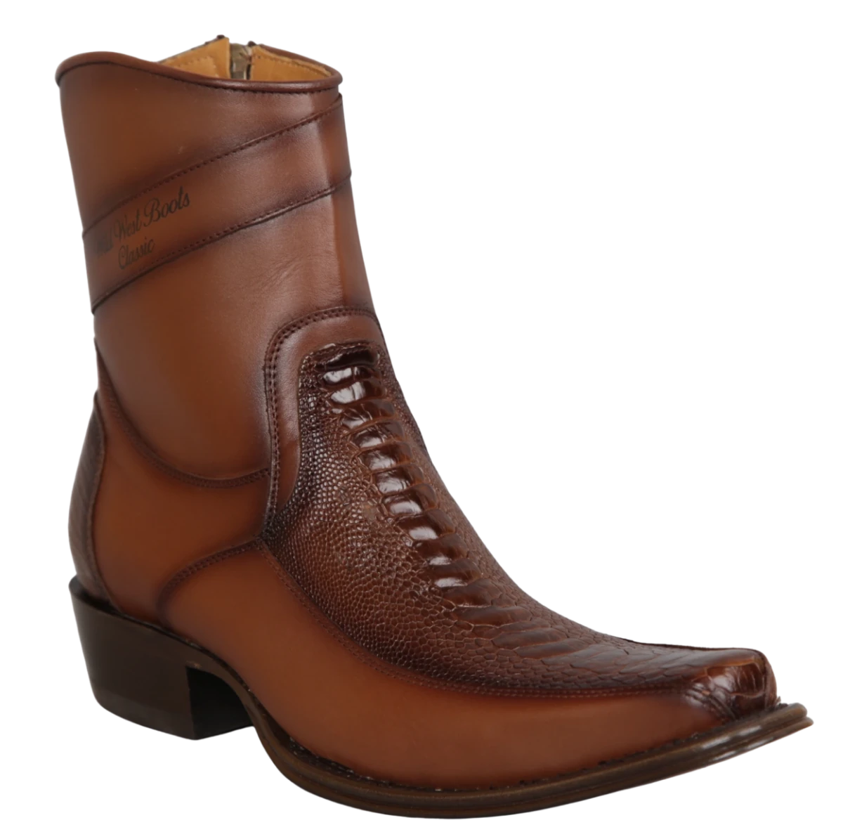 Botas Cortas de Pata de Avestruz y Piel Original Punta Cuadrada Europea Wild West Boots - Cafe Difuminado - Wild West Boots